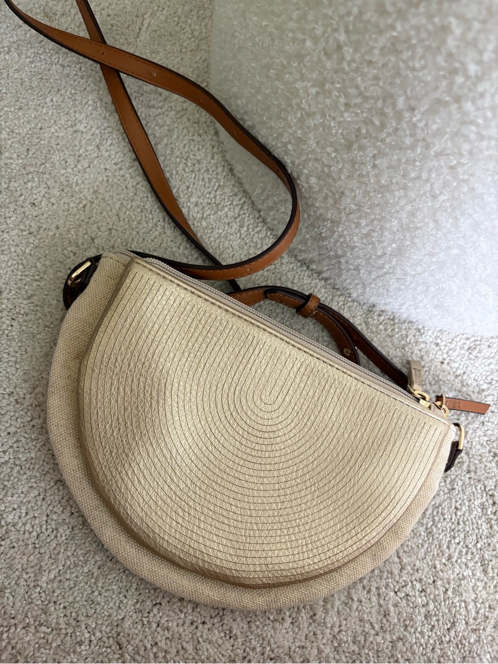 Stella & Dot Natural Canvas Crescent Crossbody with Tan Strap